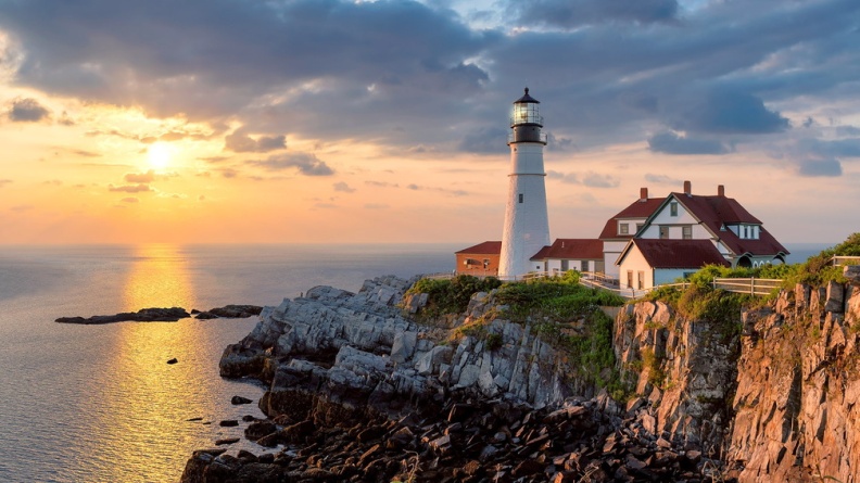 Portland Head Lighthouse in Cape Elizabeth at sunrise, Maine, USA
